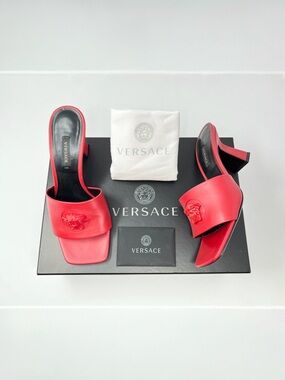 Versace Womens La Medusa Leather Sandals Slides Mules Heels Red Black 36.5 6.5